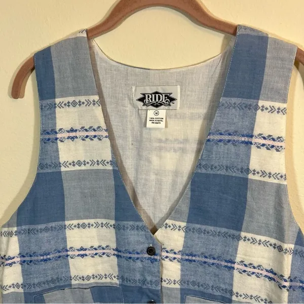 ✨ Vintage Ride Blue‎ White Plaid Western Vest Medium Nepal - Image 2