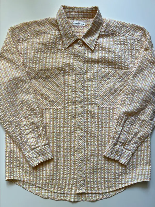 Seersucker Plaid Shirt M Lightweight Yellow Peach Oversized Japanese Button Down - Image 2