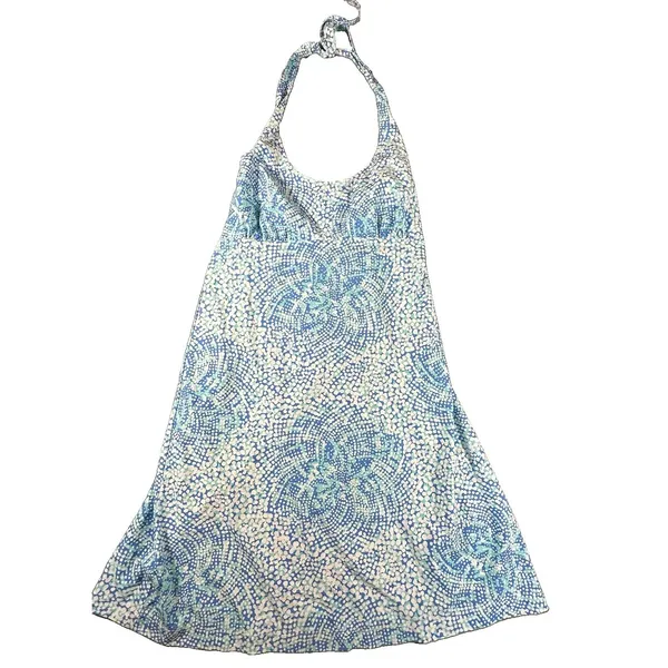 Columbia PFG Halter Dress Medium Blue Aqua Print Smocked Back Beach Sundress - Image 2