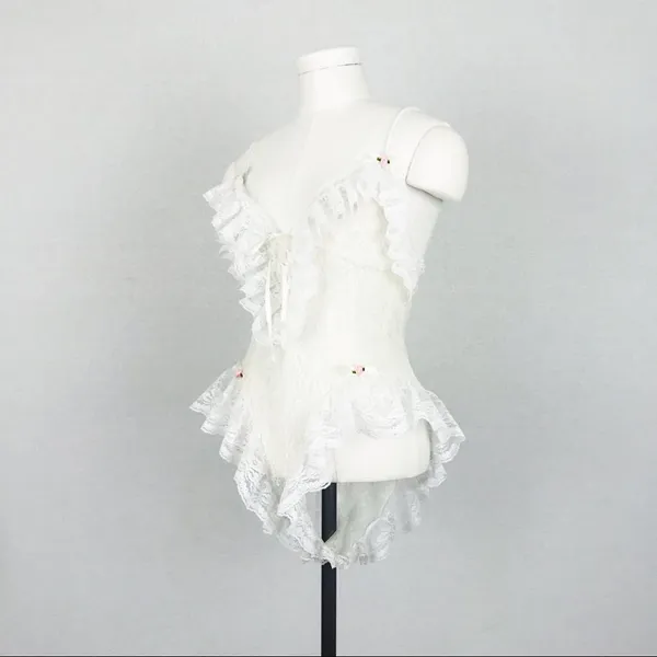 Vintage Ruffled Lace-Up Lace Bodysuit Lingerie in White | Size S - Image 10