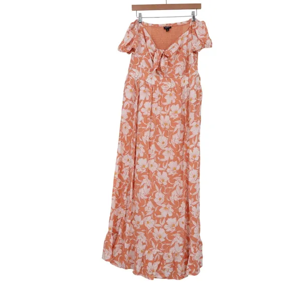 Torrid Peach Floral Smocked Tie Front Maxi Dress Pockets Size 1 Plus Size 1X - Image 2