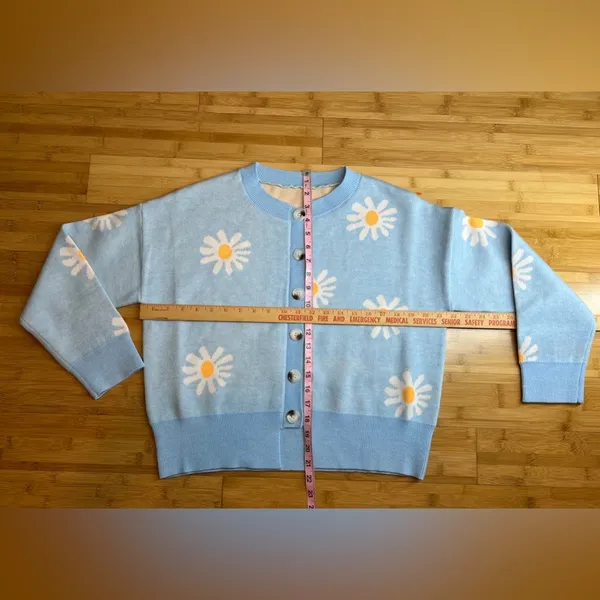 Womens Floral sky Blue Long Sleeve Ribbed Neckline Casual Sweater/Cardigan|Sz:S - Image 7