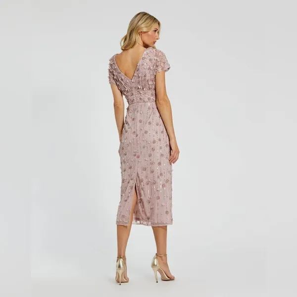 MAC DUGGAL 94117 Pink Cap Sleeve Column Midi Dress With Floral Beading - Image 5