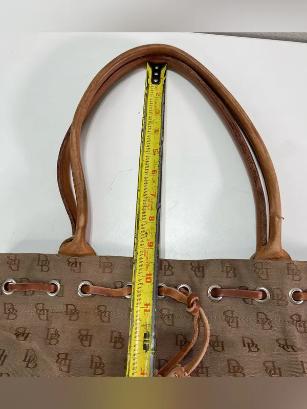 Y2K Dooney & Bourke Tote Bag Brown Monogram Canvas Leather Tassel Academia - Image 3