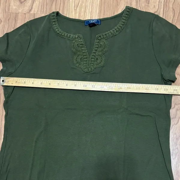 Chaps Denim Top Women XL Olive Green Crochet‎ Lace Split Neck Cotton Boho Casual - Image 8