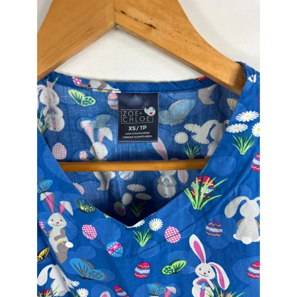 Zoe + Chloe Easter Bunny Short Sleeve Blue Scrub Top Size XS - Image 2