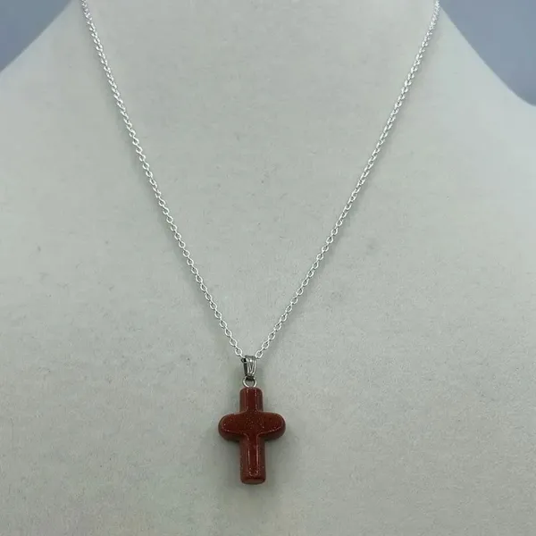 Vintage minimalist goldstone cross pendant on sterling chain - Image 3