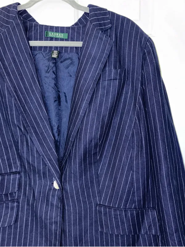 Vintage Lauren Ralph Lauren Navy Pinstripe Classic 1 Button Linen Blazer - Image 2