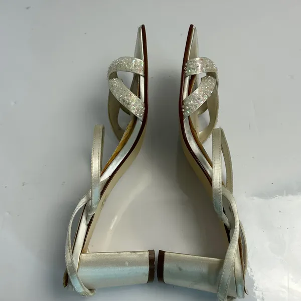 Touch Ups Ivory Satin Beaded Sequin Block Heel Square Toe Slingback Sandals 7.5W - Image 10