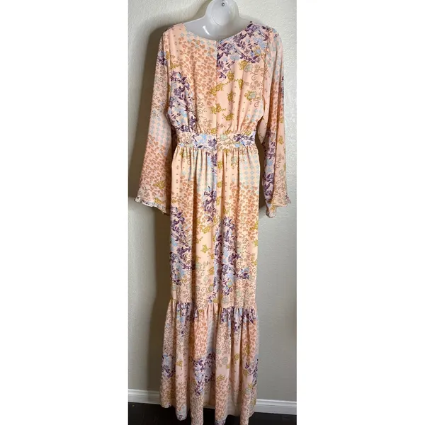 WAYF Small Maxi Dress Peach Floral Patchwork V Neck Bell Sleeve Tiered Boho Chic - Image 2