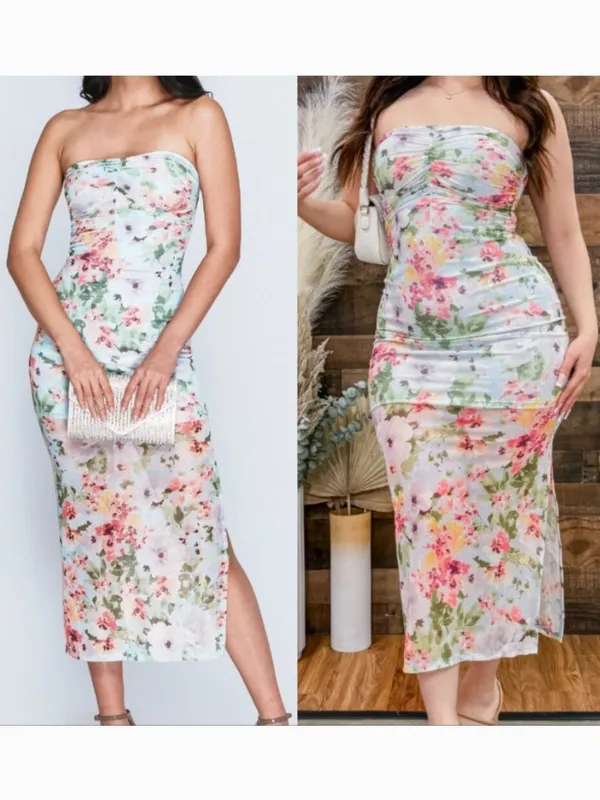 HAUTE MONDE Light Blue Pink Floral Semi Sheer Mesh Strapless Midi Dress ? w Slit - Image 2