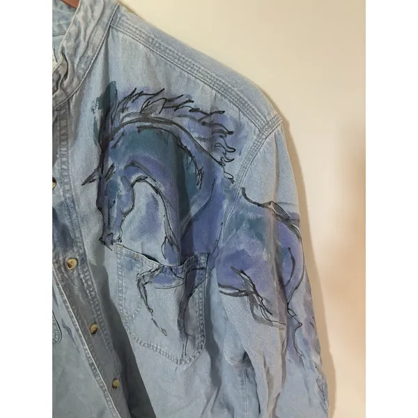 Vintage Denim Shirt Womens M Handpainted Horses Button Down Long Sleeve Merona - Image 4
