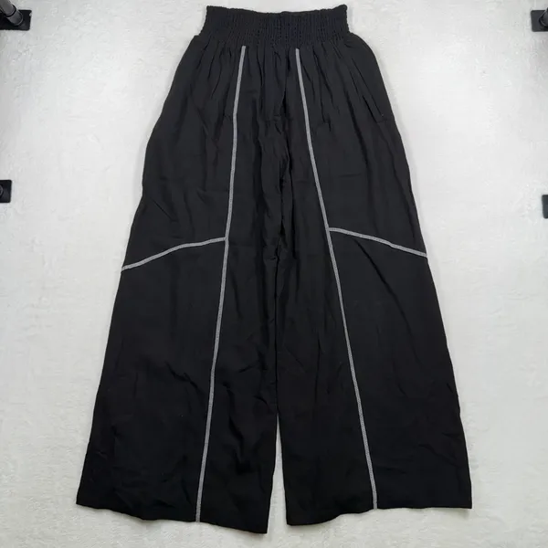 TARSE Medium Wide Leg Palazzo Pants Black Linen Blend Contrast Stitch Boho Viral - Image 14