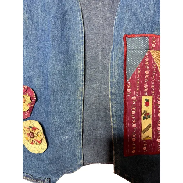 Vintage Women XL Patchwork Denim Vest Blue‎ Folk Art House Applique Artistic - Image 4