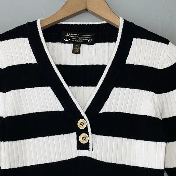 Lauren Jeans Company Sweater Size XS Black White Striped Ribbed Knit Preppy 67 - Image 3