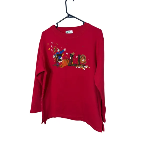 Quacker Factory Red Fall Thanksgiving Embroidered Sweatshirt Womens Medium - Image 2