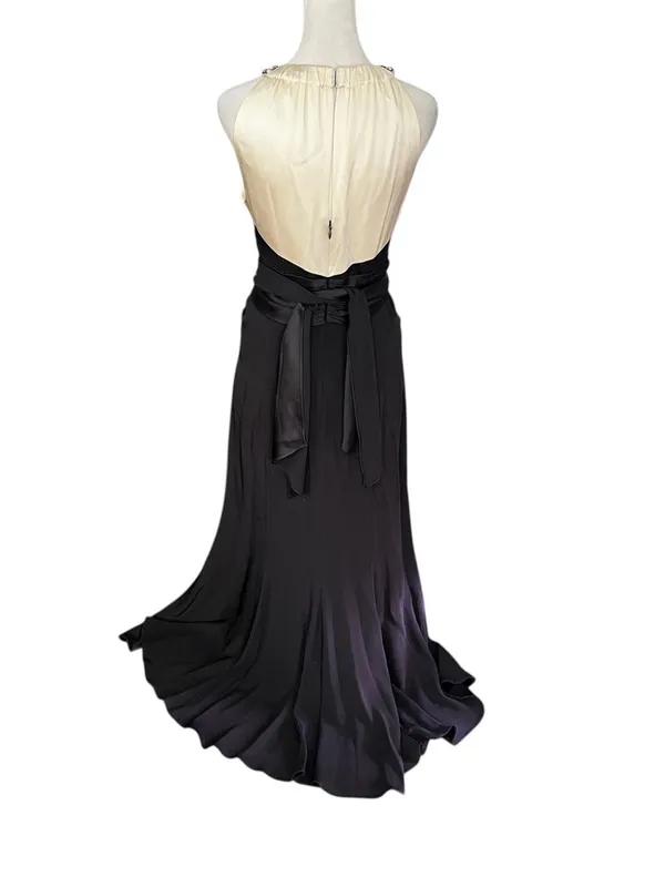 Rickie Freeman Teri Jon 100% Silk Jeweled Halter Black Ivory Formal Gown 6 - Image 6