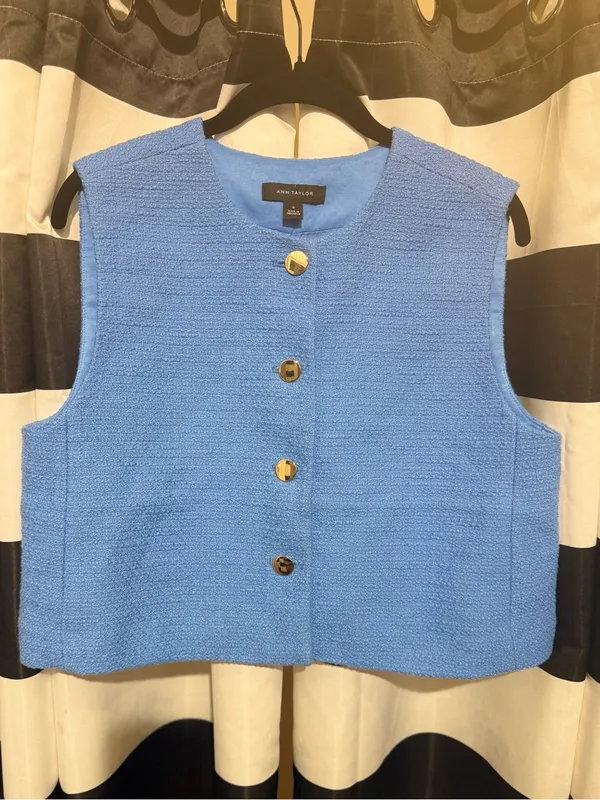 Ann Taylor Factory Sky Blue Bouclé Button Vest - Image 3