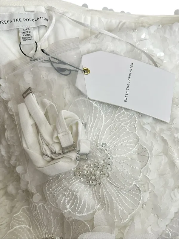 DRESS THE POPULATION Izza 3D Floral Sequined Gown, White, XXS - Image 9