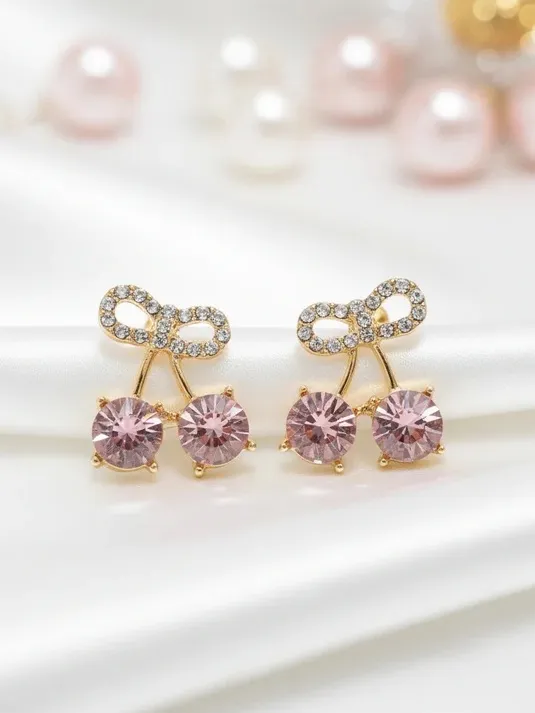 Gold-Tone Pink Crystal Cherry Drop Earrings with Rhinestone Bow Accents - Image 3
