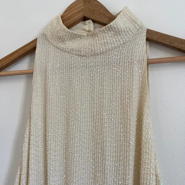 Alice + Olivia Sequin Beaded Mini Dress Size Medium Cream neutral party - Image 4