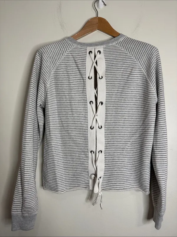 Abercrombie & Fitch Gray White Fine Striped Crewneck Sweatshirt Lace up back S - Image 2