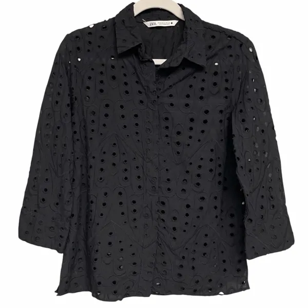 ZARA Eyelet Shirt XS Black Boho Coastal Button Up Embroidered Top - Image 4