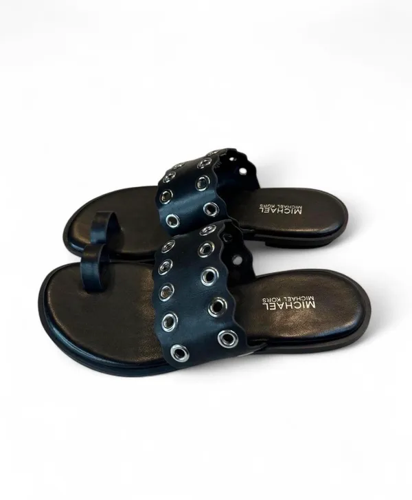 Michael Kors Patty Flat Thong Sandals leather Grommet silver toe ring black - Image 2