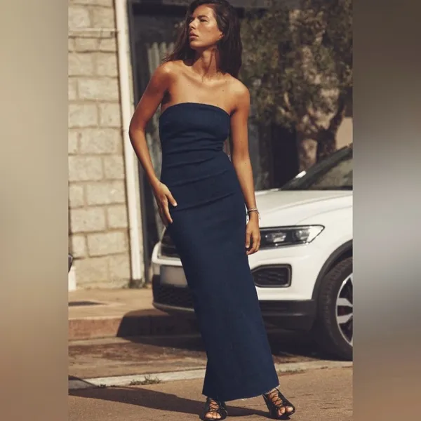 ZARA Dark Denim Strapless Raw Hem Back Slit Bodycon Tube Midi Dress‎ Size XS - Image 5