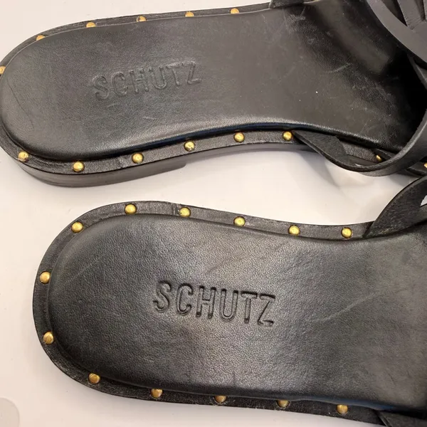 Schutz Black Leather Caged Studded Flat Sandals Size 7.5B Made in Brazil - Image 4