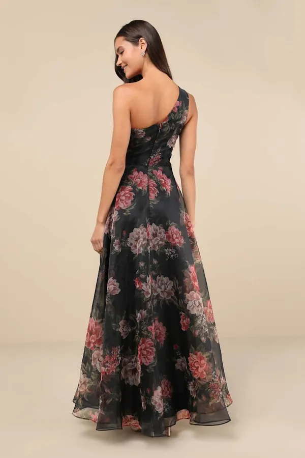 New Lulus Black Floral Organza One-Shoulder Maxi Dress Size XL MSRP $138 - Image 5