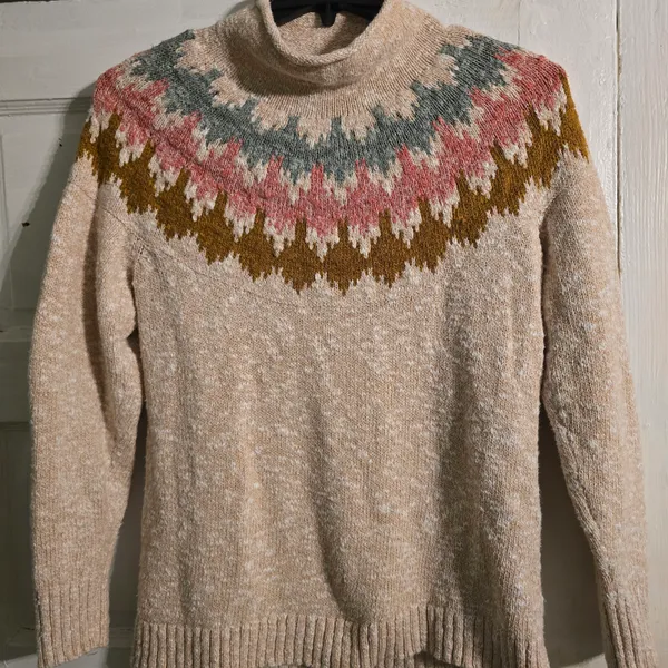 L.L. Bean Cream Fair Isle Cowlneck Sweater with Pink, Brown & Blue Yoke - Image 3