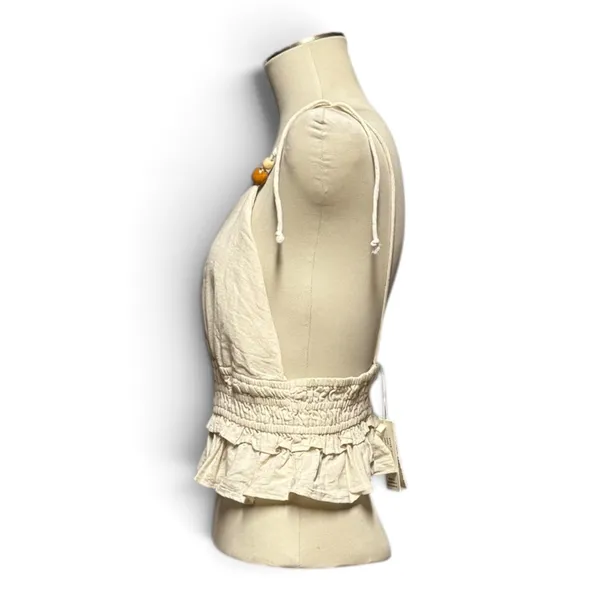 Sim & Sam Cotton Linen Cropped Smocked Top V-Neck Natural Oatmeal Tan Beige XL - Image 3