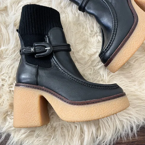 Sam Edelman Sidney Bootie black leather Chunky Platform Ribbed Knit Cuff US 7.5 - Image 2