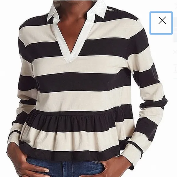 Abound Striped Peplum Top Black Beige Collared Split Neck NWT XS - Image 2