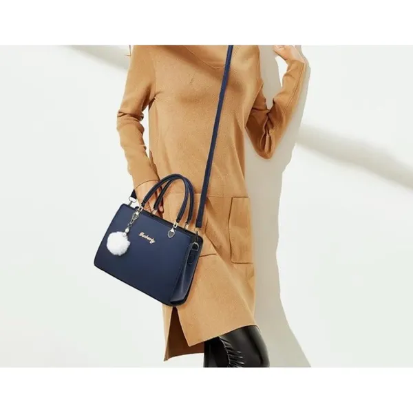 Navy Blue PU Leather Satchel Crossbody‎ Bag Heart Hardware Pom Pom Charm - Image 2