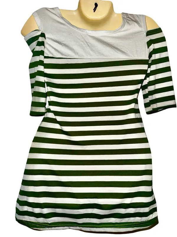 Y2K Striped Cold-Shoulder Tee - Green and White - Image 2