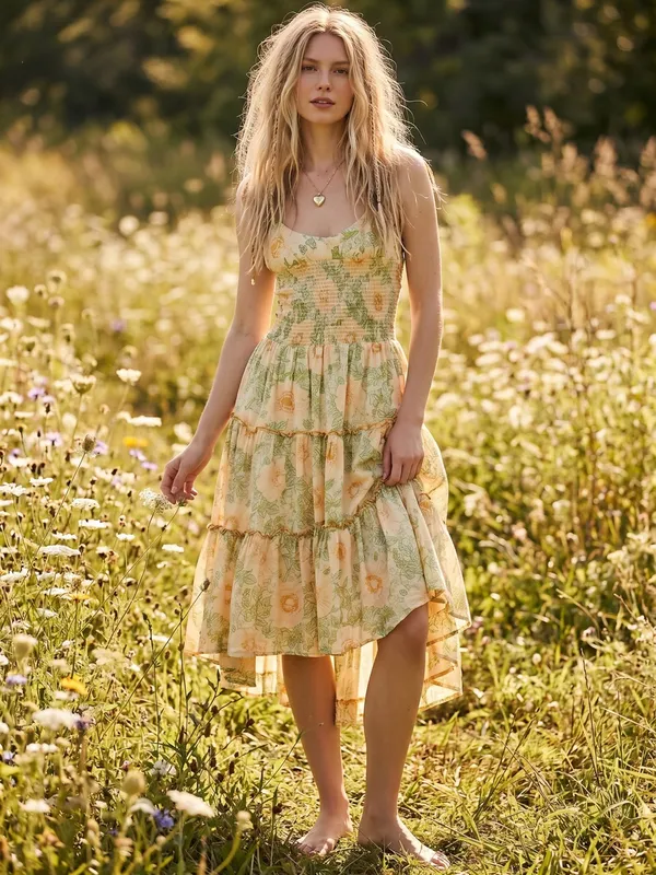 Free People Bohemian Dainty Cottage Adriel Tiered Midi Dress Ivory Floral Small - Image 2