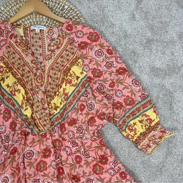 Umgee Floral Border Print Layered Mini Dress Boho Gypsy Rose Pink Plus Size 1X - Image 6