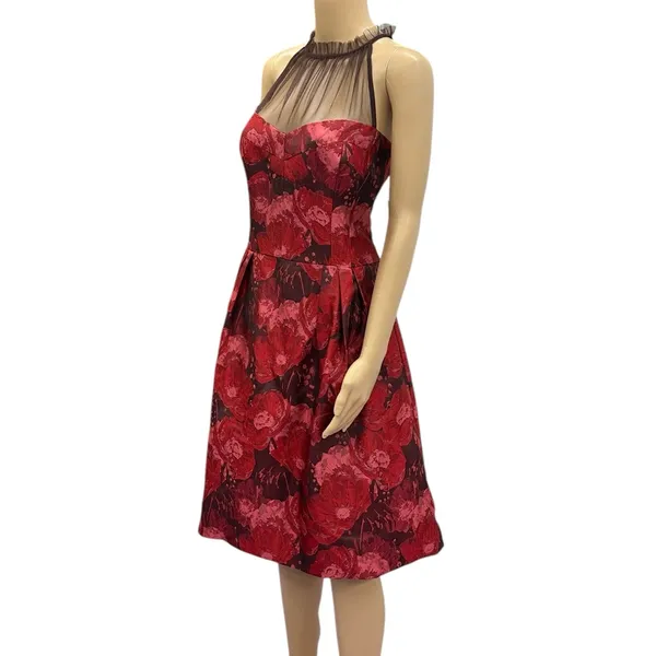 Maggy London Red Jacquard Cocktail Wedding Guest Illusion Yoke Dress Womens 16 - Image 4