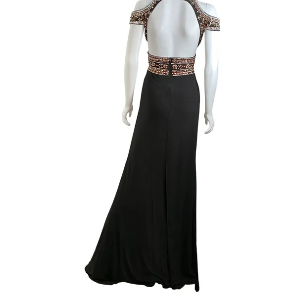Mac Duggal Womens Black Beaded Cold Shoulder Open Back Evening Gown‎ Size 0 - Image 7