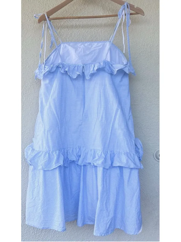 Moon River Blue Stripe Ruffle Tiered Mini Dress Tie Strap Nautical Coastal Prep - Image 4