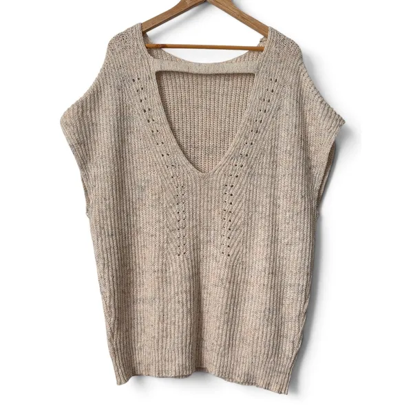PILCRO Oversized Oatmeal Marl Knit Sweater Vest Deep V-Back Strap MEDIUM - Image 2