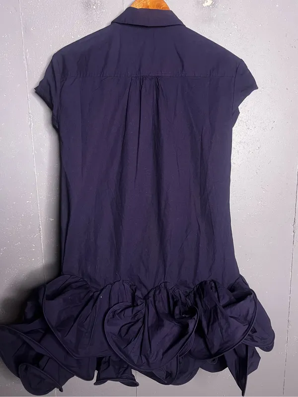 Anthropologie Maeve Short-Sleeve Collared 3D Ruffle Mini Shirt Dress Navy. XS - Image 4