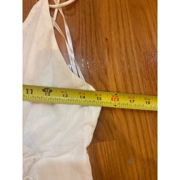 Oh Polly Mini‎ Dress White Ruffle Tie Strap V Neck Button Front Linen Blend - Image 5