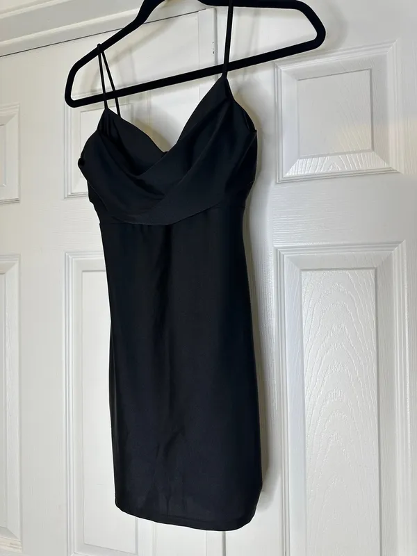 Lovely Day Black Satin Style Cowl Neck Mini Dress Small Date Night Party - Image 2