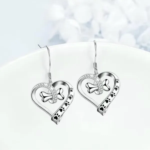 Adorable Canine with a Bone, Heart-Shaped Pendant Earrings - Image 3