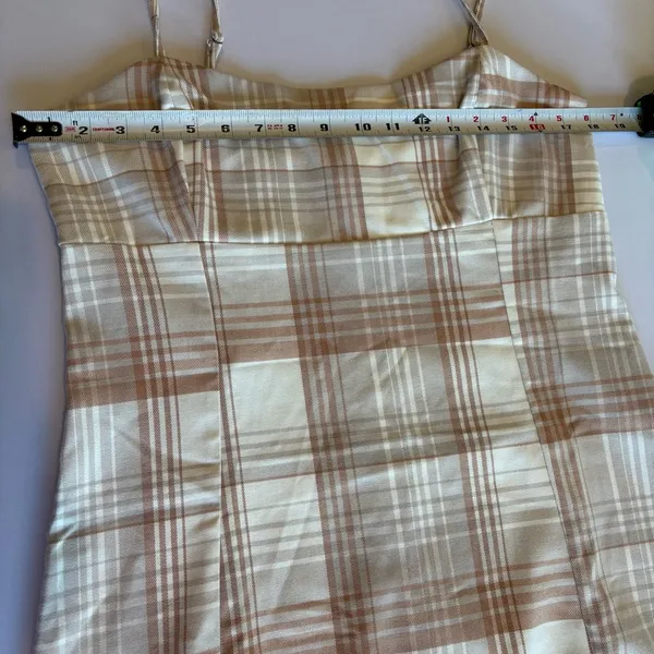 AEROPOSTALE Spaghetti Strap Plaid Mini Dress‎ w/ Slit @ Hem Brown/Cream Sz L - Image 4
