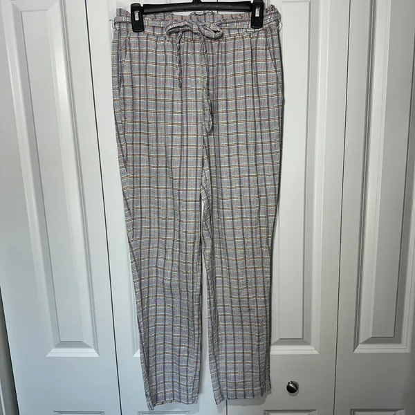 BCBGeneration Plaid Pants Womens S Blue Multi Paperbag Waist Tie Cotton Trousers - Image 2