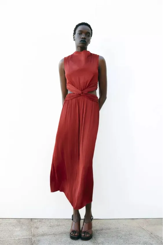 Zara maxi dress Burgundy Sleeveless cut out satin effect evening wedding summer - Image 12